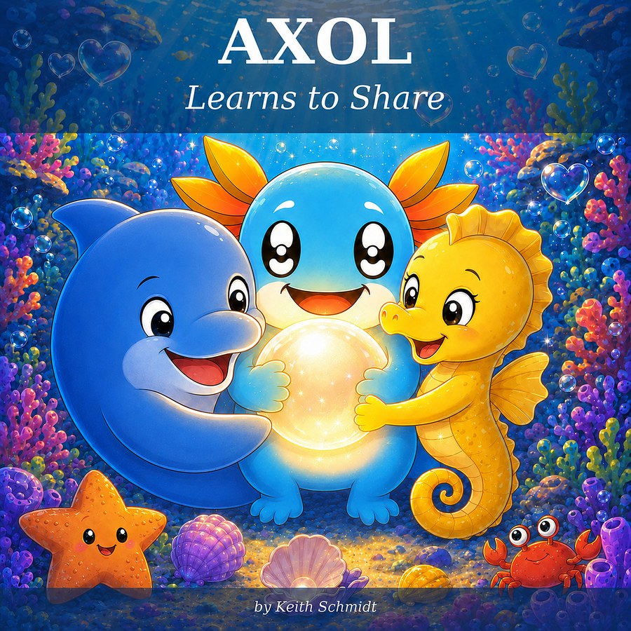 AXOL Learns to Share — front cover featuring AXOL, Dylan the Dolphin, and Maggie the Seahorse holding a glowing pearl